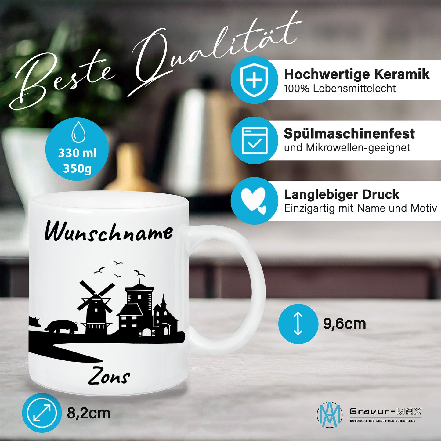 Tasse in Weiß 330ml bedruckt mit der Skyline von Zons (Dormagen) personalisierbar mit Wunschname