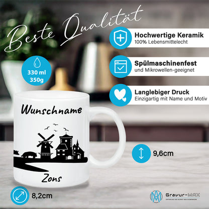 Tasse in Weiß 330ml bedruckt mit der Skyline von Zons (Dormagen) personalisierbar mit Wunschname