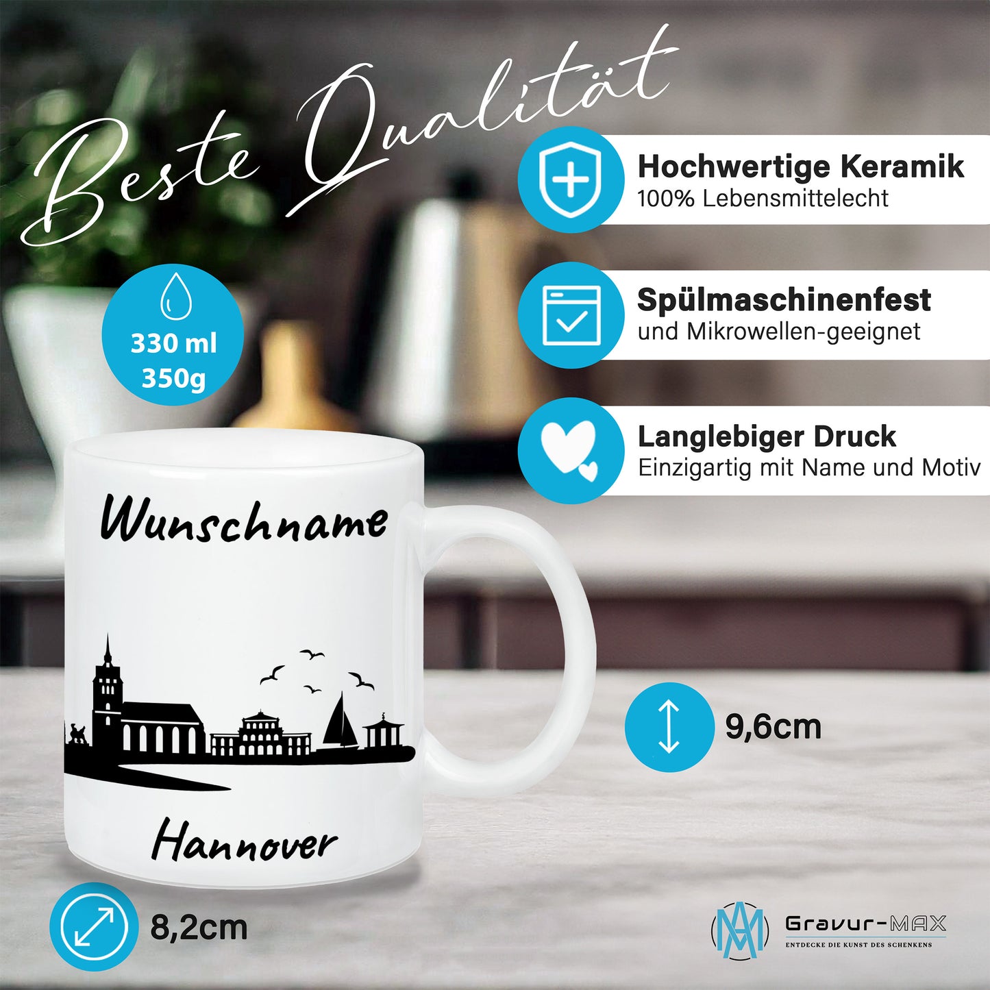 Tasse in Weiß 330ml bedruckt mit der Skyline von Hannover personalisierbar mit Wunschname