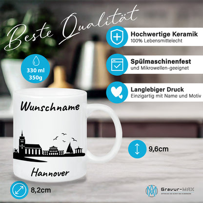 Tasse in Weiß 330ml bedruckt mit der Skyline von Hannover personalisierbar mit Wunschname