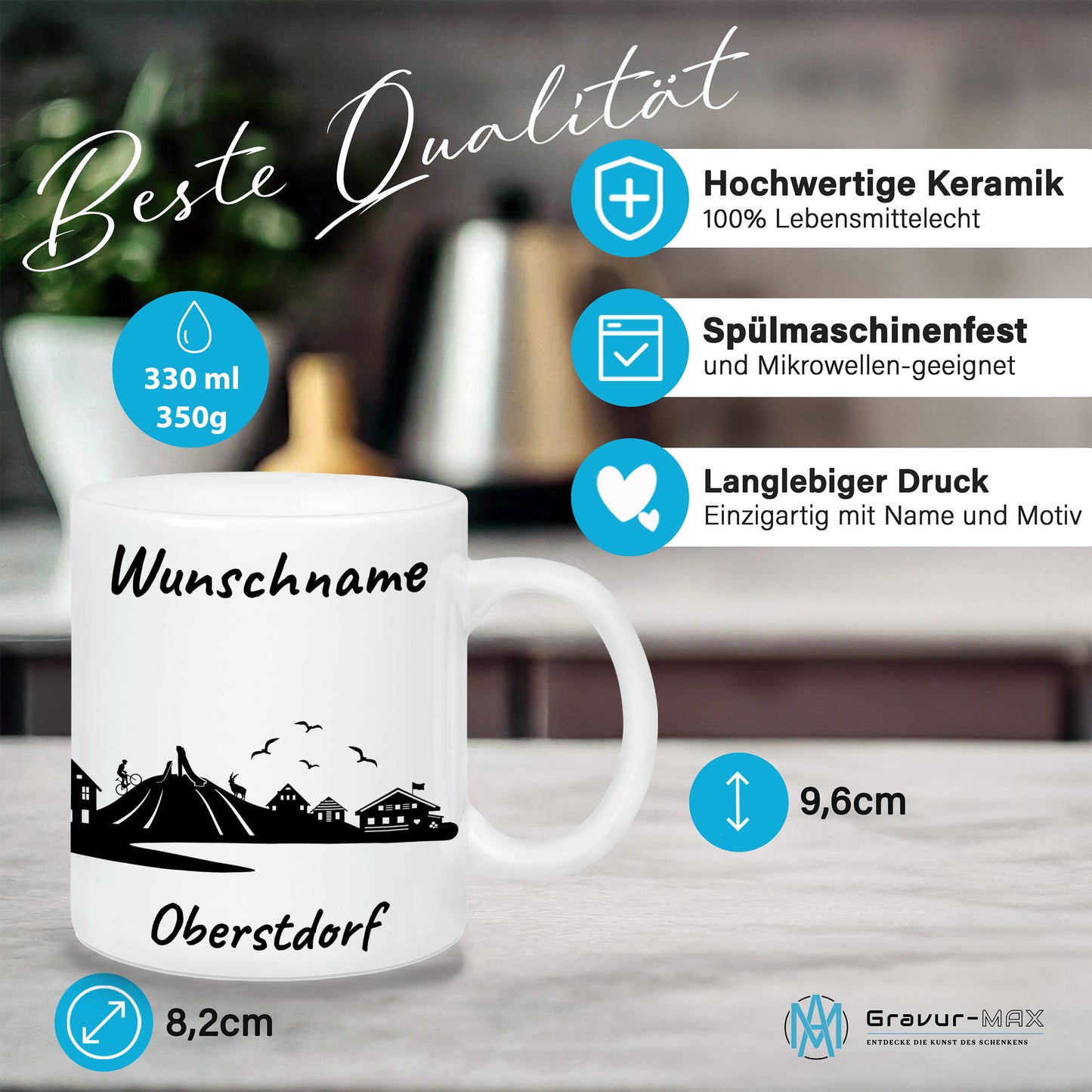 Tasse in Weiß 330ml bedruckt mit der Skyline von Oberstdorf personalisierbar mit Wunschname