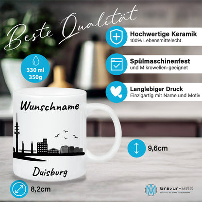 Tasse in Weiß 330ml bedruckt mit der Skyline von Duisburg personalisierbar mit Wunschname