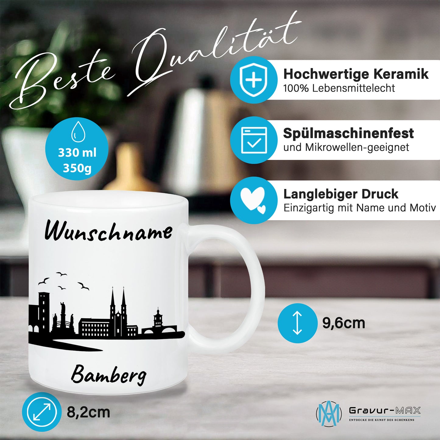Tasse in Weiß 330ml bedruckt mit der Skyline von Bamberg personalisierbar mit Wunschname