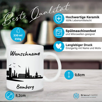 Tasse in Weiß 330ml bedruckt mit der Skyline von Bamberg personalisierbar mit Wunschname