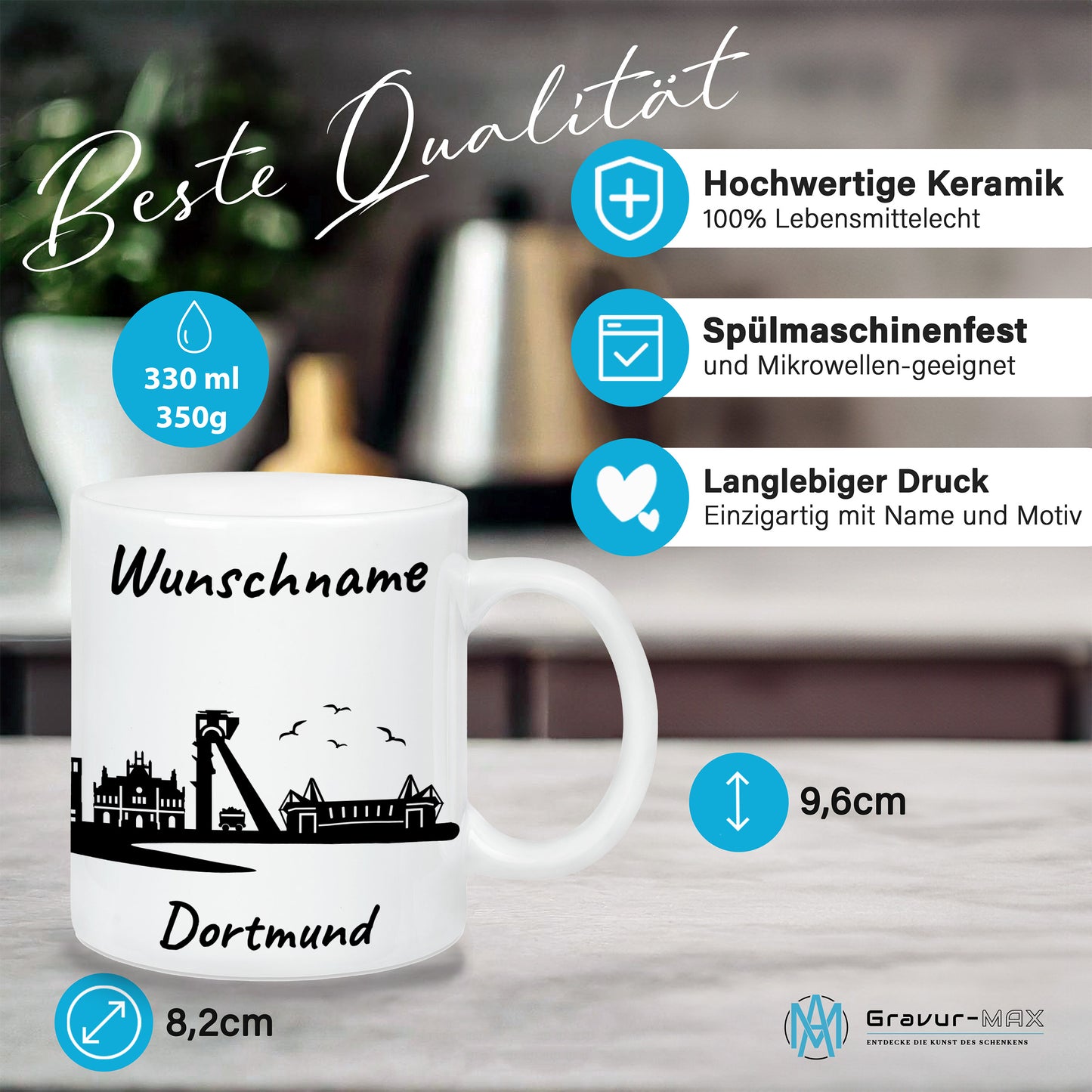 Tasse in Weiß 330ml bedruckt mit der Skyline von Dortmund personalisierbar mit Wunschname
