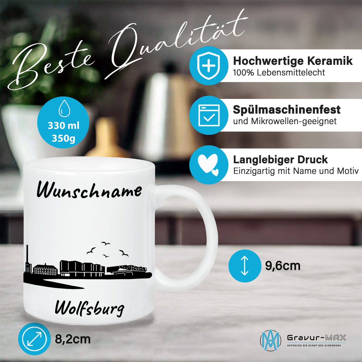 Tasse in Weiß 330ml bedruckt mit der Skyline von Wolfsburg personalisierbar mit Wunschname