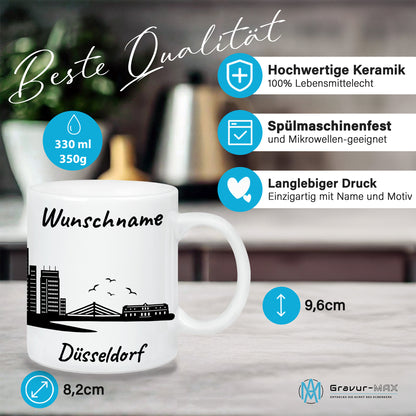 Tasse in Weiß 330ml bedruckt mit der Skyline von Düsseldorf personalisierbar mit Wunschname