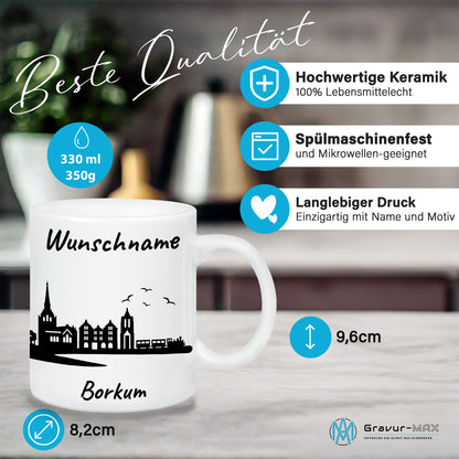Tasse in Weiß 330ml bedruckt mit der Skyline von Borkum personalisierbar mit Wunschname