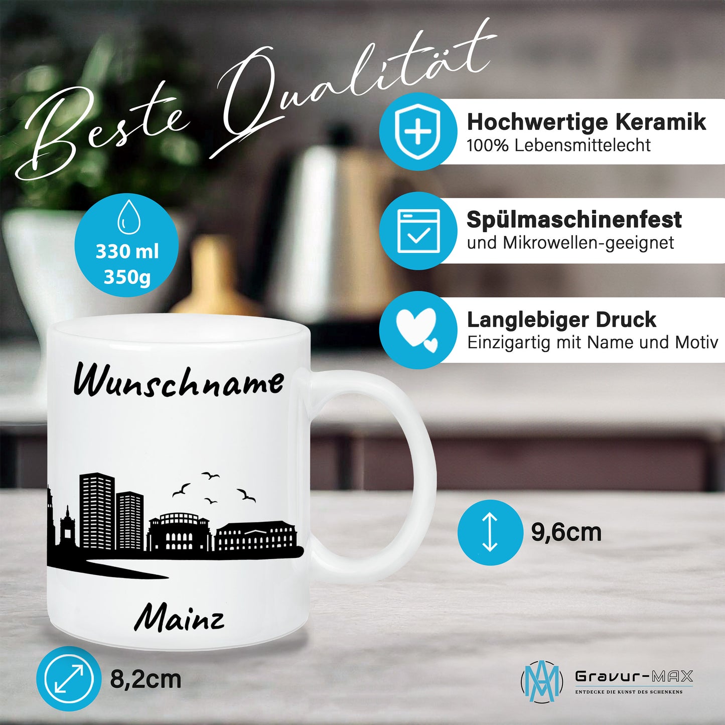 Tasse in Weiß 330ml bedruckt mit der Skyline von Mainz personalisierbar mit Wunschname
