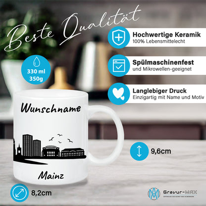 Tasse in Weiß 330ml bedruckt mit der Skyline von Mainz personalisierbar mit Wunschname