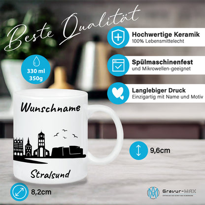 Tasse in Weiß 330ml bedruckt mit der Skyline von Stralsund personalisierbar mit Wunschname