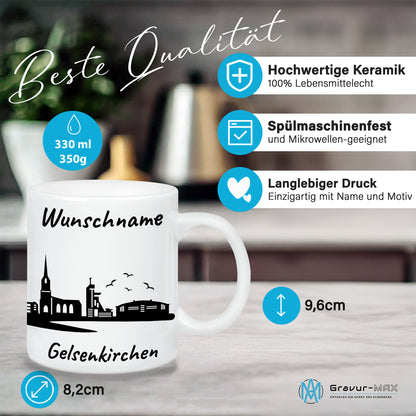 Tasse in Weiß 330ml bedruckt mit der Skyline von Gelsenkirchen personalisierbar mit Wunschname