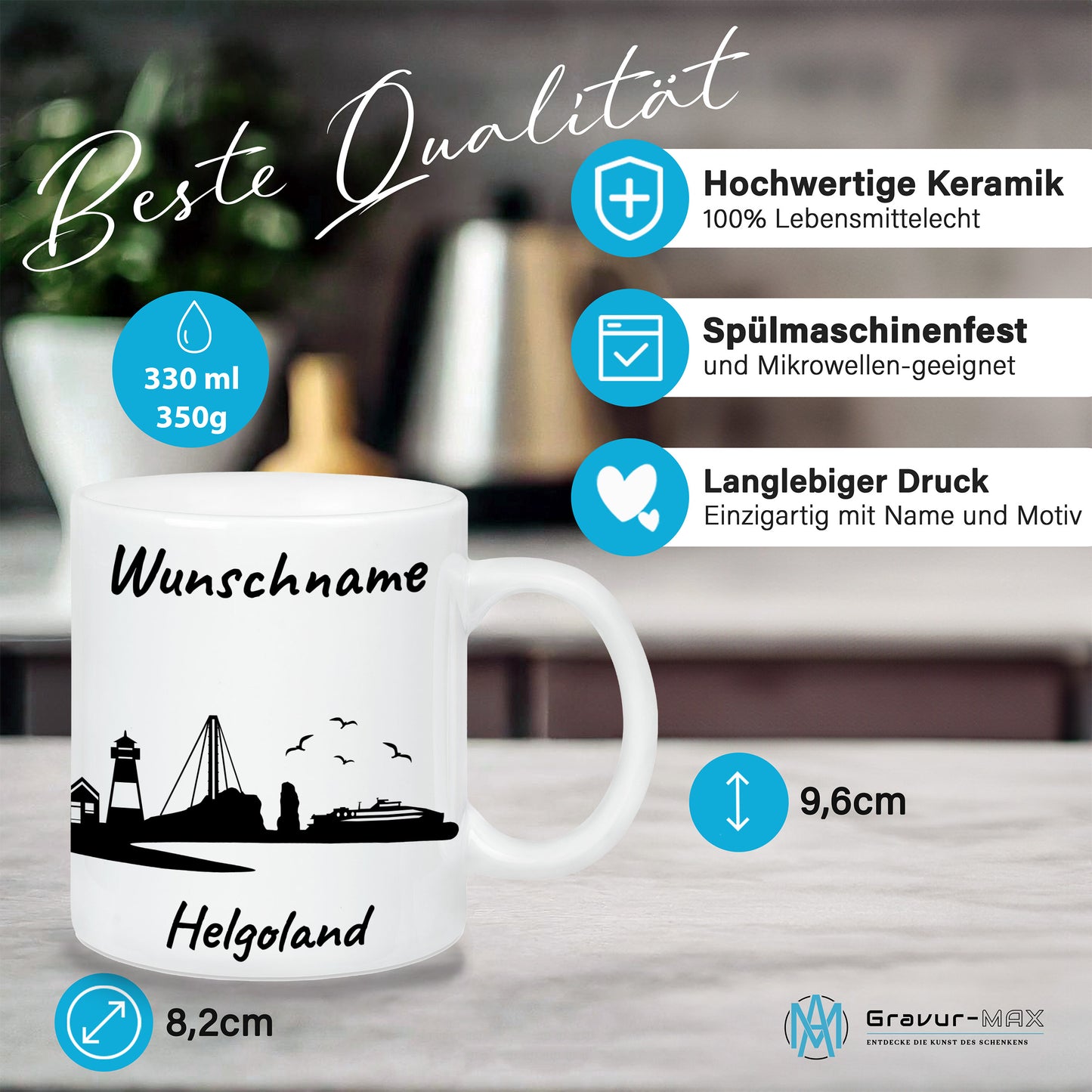 Tasse in Weiß 330ml bedruckt mit der Skyline von Helgoland personalisierbar mit Wunschname