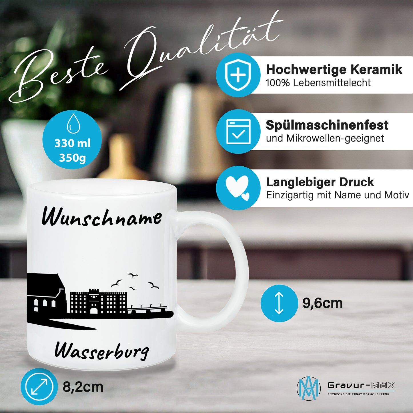 Tasse in Weiß 330ml bedruckt mit der Skyline von Wasserburg personalisierbar mit Wunschname