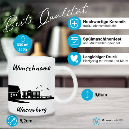 Tasse in Weiß 330ml bedruckt mit der Skyline von Wasserburg personalisierbar mit Wunschname
