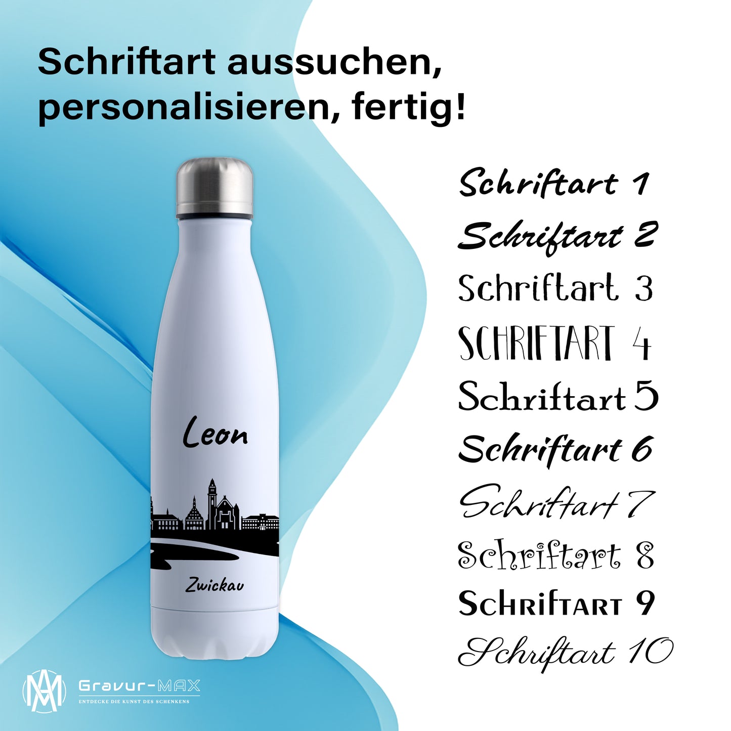 Trinkflasche in Weiß 500ml aus Edelstahl bedruckt mit der Skyline von Zwickau personalisierbar mit Wunschname