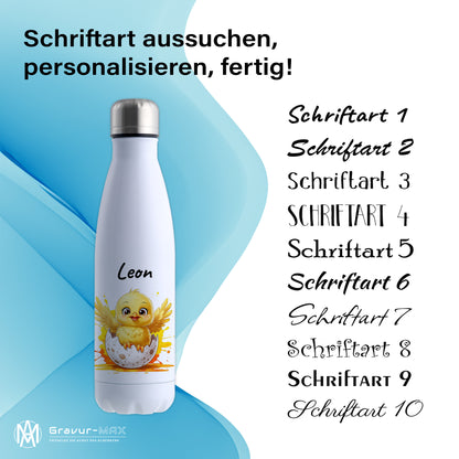 Trinkflasche in Weiß 500ml aus Edelstahl bedruckt mit niedlichen Tieren "Küken" personalisierbar für Kinder mit Wunschname