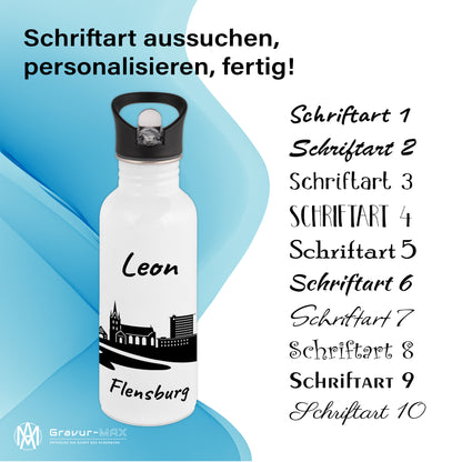 Trinkflasche in Weiß 600ml aus Edelstahl bedruckt mit der Skyline von Flensburg personalisierbar mit Wunschname