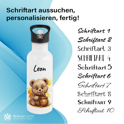Trinkflasche mit Strohhalm in Weiß 600ml bedruckt mit niedlichen Tieren"Bär" personalisierbar für Kinder mit Wunschname aus Edelstahl