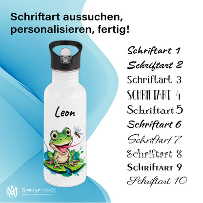 Trinkflasche mit Strohhalm in Weiß 600ml bedruckt mit niedlichen Tieren"Frosch" personalisierbar für Kinder mit Wunschname aus Edelstahl