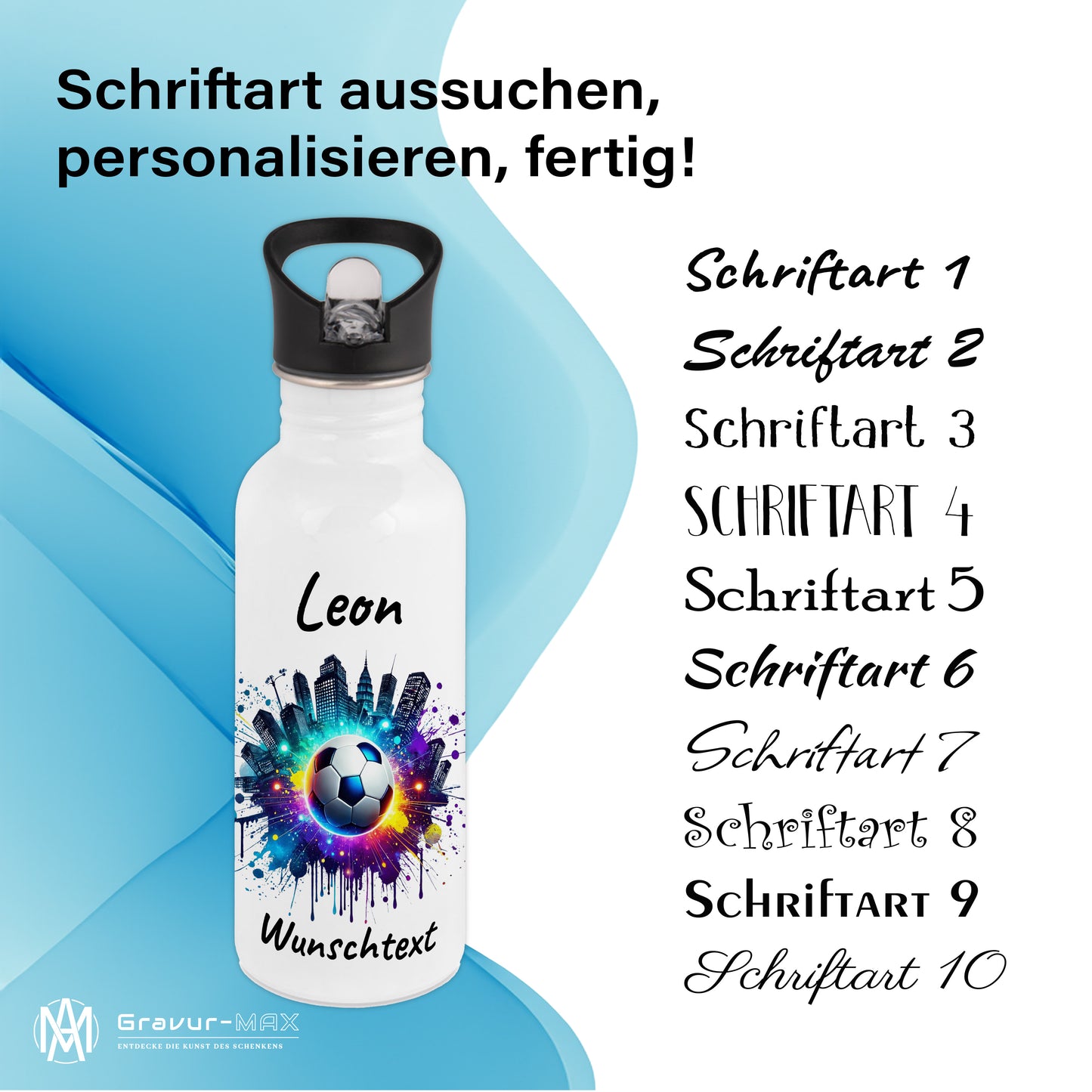 Trinkflasche mit Strohhalm in Weiß 600ml bedruckt mit Fußball Motiven"Motiv7" personalisierbar für Kinder mit Wunschname aus Edelstahl