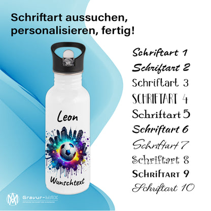 Trinkflasche mit Strohhalm in Weiß 600ml bedruckt mit Fußball Motiven"Motiv7" personalisierbar für Kinder mit Wunschname aus Edelstahl