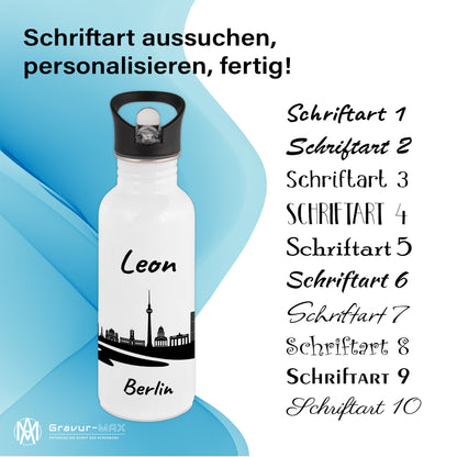 Trinkflasche in Weiß 600ml aus Edelstahl bedruckt mit der Skyline von Berlin personalisierbar mit Wunschname