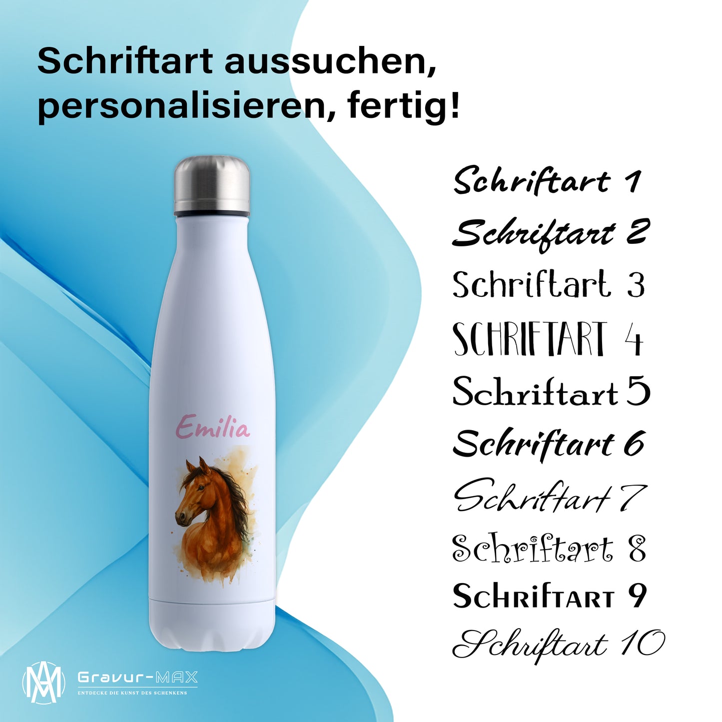 Thermoflasche 500ml in Weiß bedruckt mit tollen Motiven für Kinder "Pferd" personalisierbar mit Wunschname