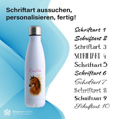 Thermoflasche 500ml in Weiß bedruckt mit tollen Motiven für Kinder "Pferd" personalisierbar mit Wunschname