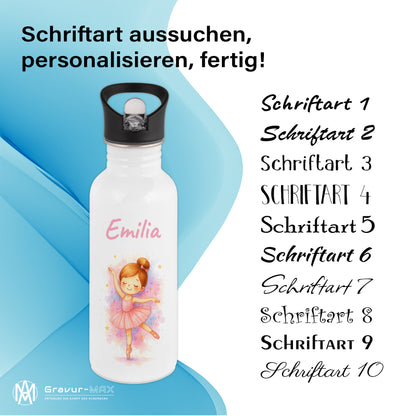 Trinkflasche mit Strohhalm in Weiß 600ml bedruckt mit tollen Motiven für Kinder "Ballerina" personalisierbar für Kinder mit Wunschname aus Edelstahl