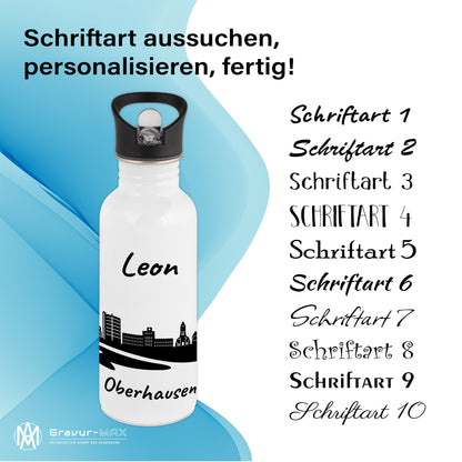 Trinkflasche in Weiß 600ml aus Edelstahl bedruckt mit der Skyline von Oberhausen personalisierbar mit Wunschname
