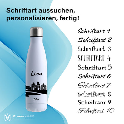 Trinkflasche in Weiß 500ml aus Edelstahl bedruckt mit der Skyline von Trier personalisierbar mit Wunschname