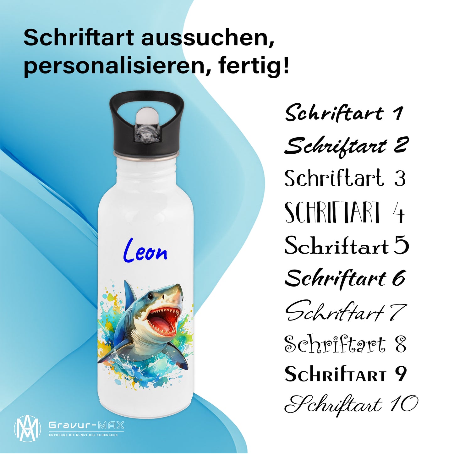 Trinkflasche mit Strohhalm in Weiß 600ml bedruckt mit tollen Motiven für Kinder "Hai" personalisierbar für Kinder mit Wunschname aus Edelstahl
