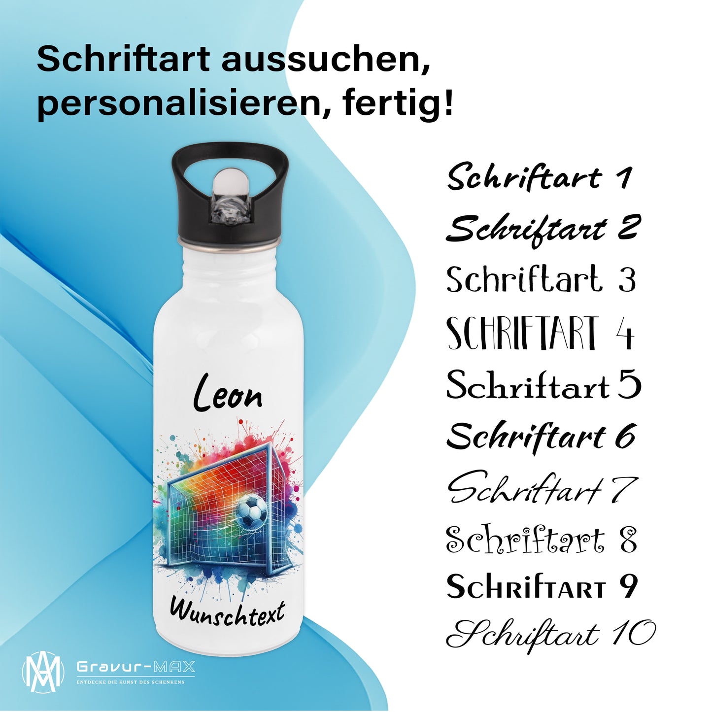 Trinkflasche mit Strohhalm in Weiß 600ml bedruckt mit Fußball Motiven"Motiv5" personalisierbar für Kinder mit Wunschname aus Edelstahl