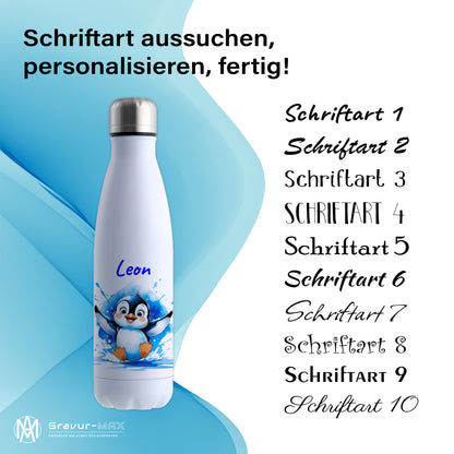 Trinkflasche in Weiß 500ml aus Edelstahl bedruckt mit niedlichen Tieren "Pinguin" personalisierbar für Kinder mit Wunschname