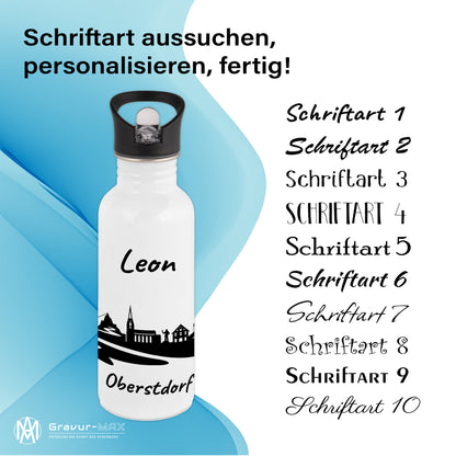Trinkflasche in Weiß 600ml aus Edelstahl bedruckt mit der Skyline von Oberstdorf personalisierbar mit Wunschname