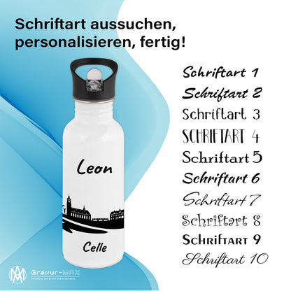 Trinkflasche in Weiß 600ml aus Edelstahl bedruckt mit der Skyline von Celle personalisierbar mit Wunschname