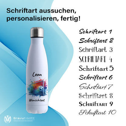Thermoflasche 500ml in Weiß aus Edelstahl bedruckt "Fußball" Motiv5 personalisierbar mit Wunschname & Text