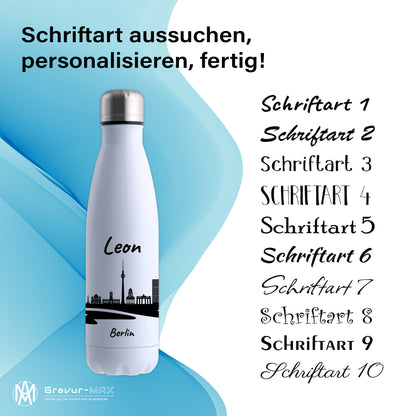 Trinkflasche in Weiß 500ml aus Edelstahl bedruckt mit der Skyline von Berlin personalisierbar mit Wunschname