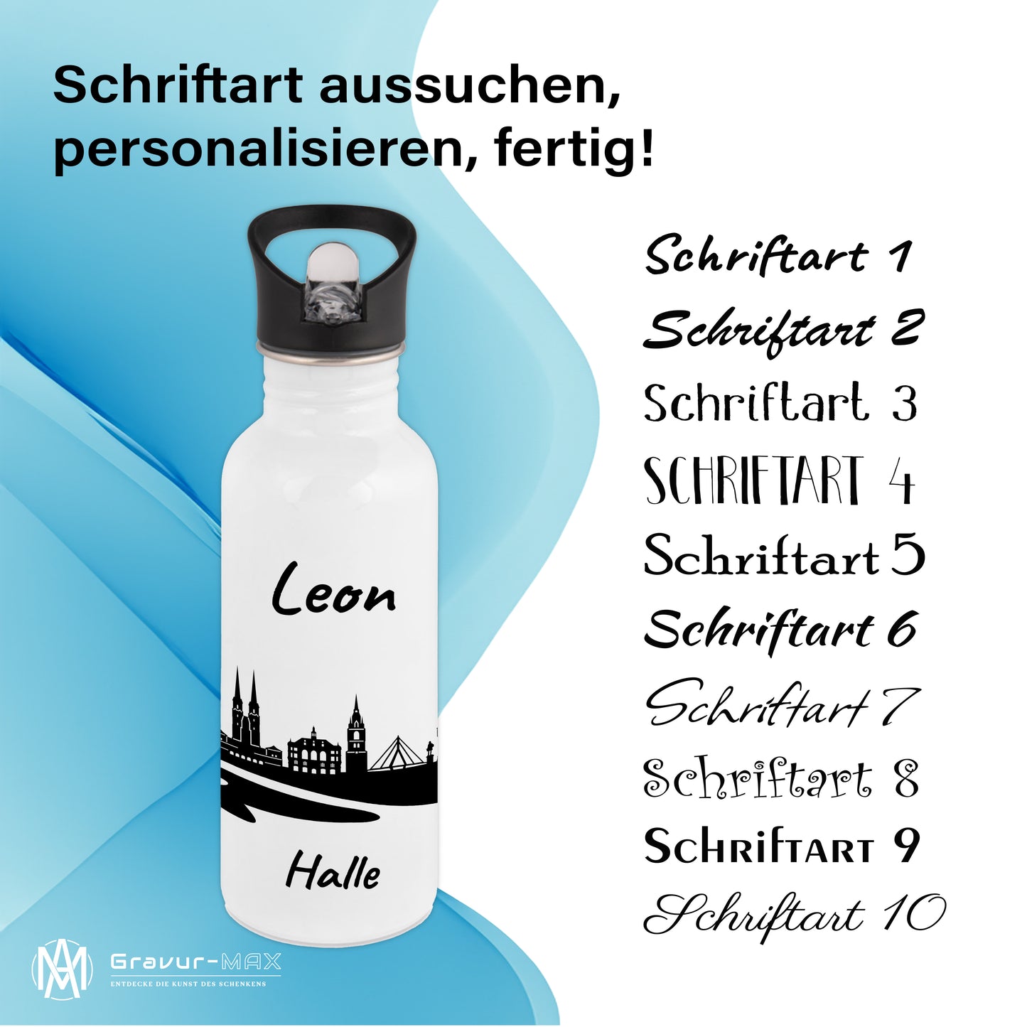 Trinkflasche in Weiß 600ml aus Edelstahl bedruckt mit der Skyline von Halle personalisierbar mit Wunschname