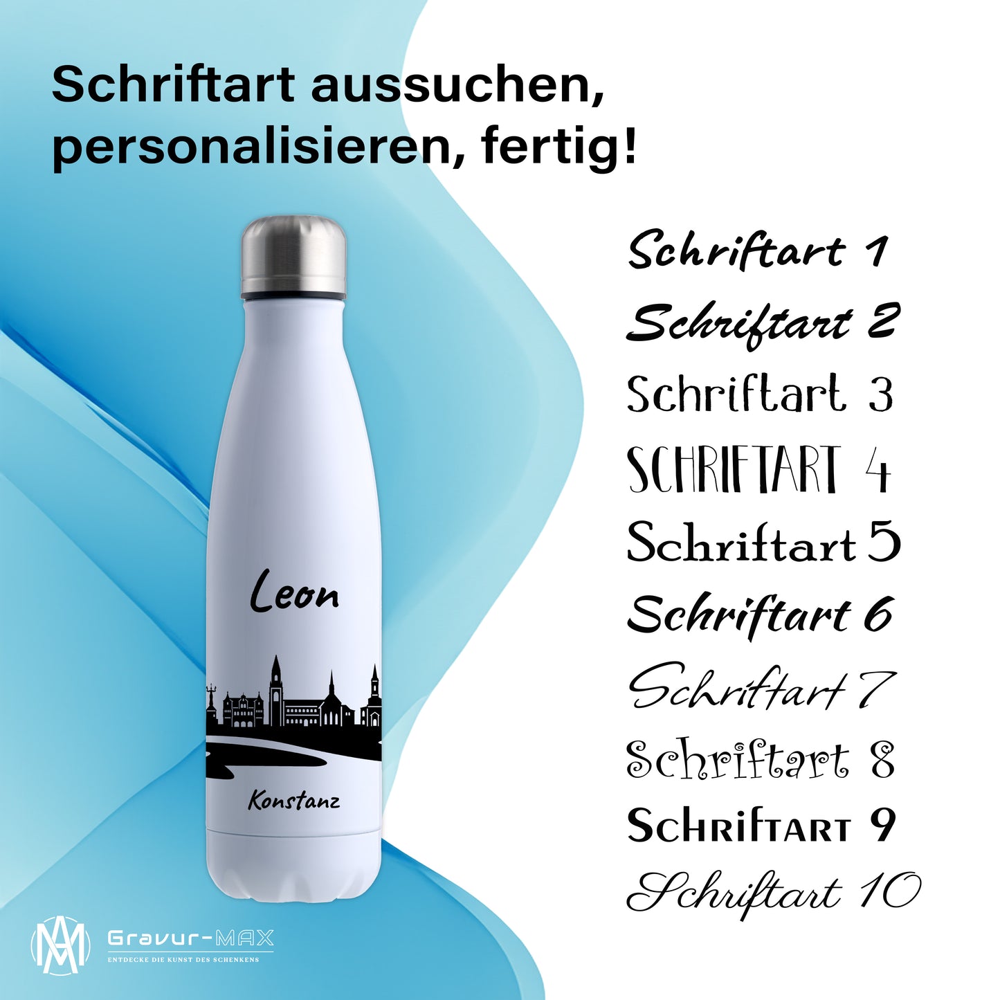 Trinkflasche in Weiß 500ml aus Edelstahl bedruckt mit der Skyline von Konstanz personalisierbar mit Wunschname