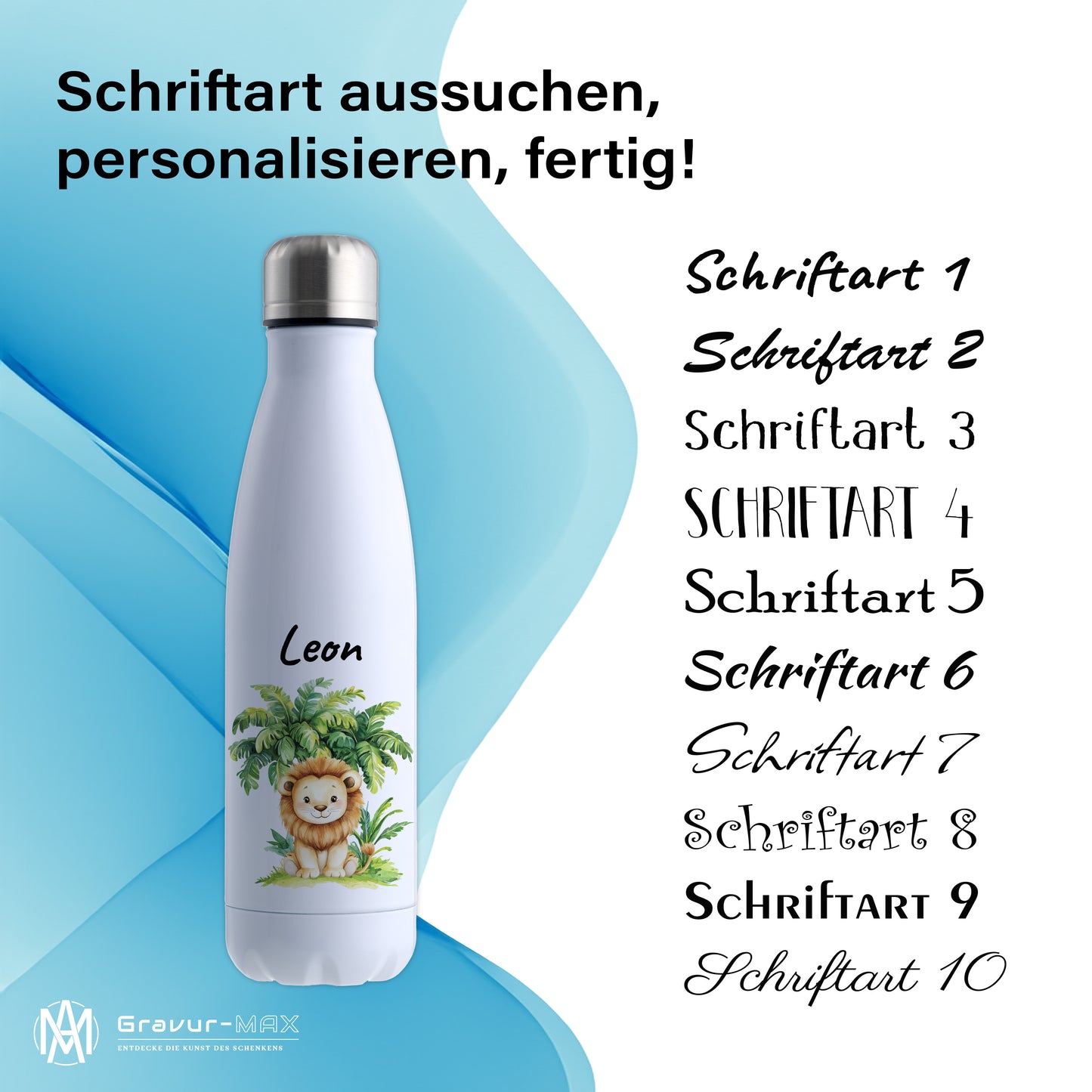 Trinkflasche in Weiß 500ml aus Edelstahl bedruckt mit Dschungel Tieren"Löwe" personalisierbar für Kinder mit Wunschname