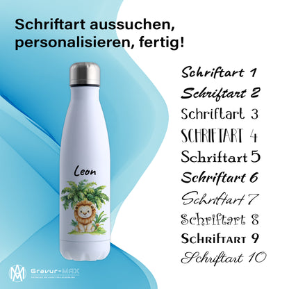 Trinkflasche in Weiß 500ml aus Edelstahl bedruckt mit Dschungel Tieren"Löwe" personalisierbar für Kinder mit Wunschname