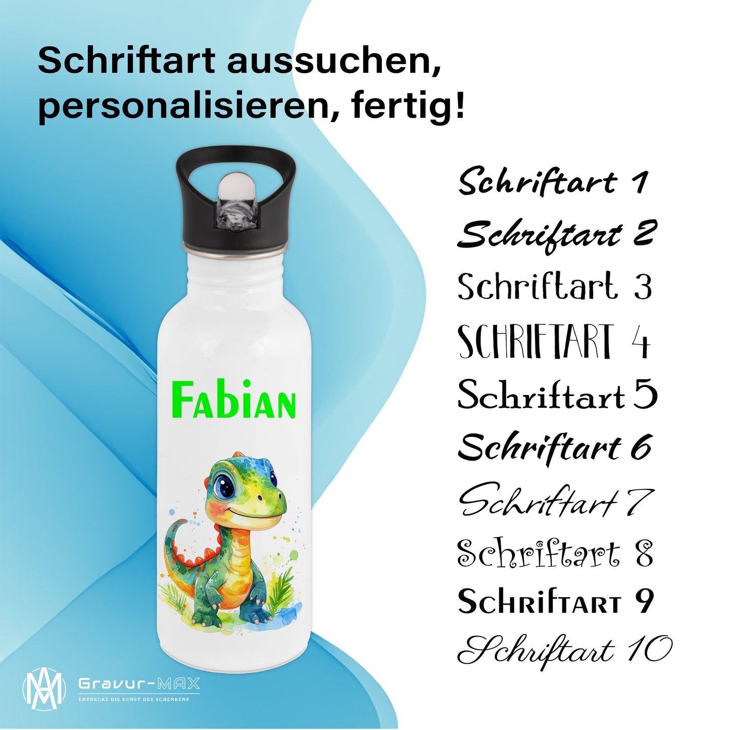 Trinkflasche mit Strohhalm in Weiß 600ml bedruckt mit tollen Motiven für Kinder "Dino Kinder" personalisierbar für Kinder mit Wunschname aus Edelstahl