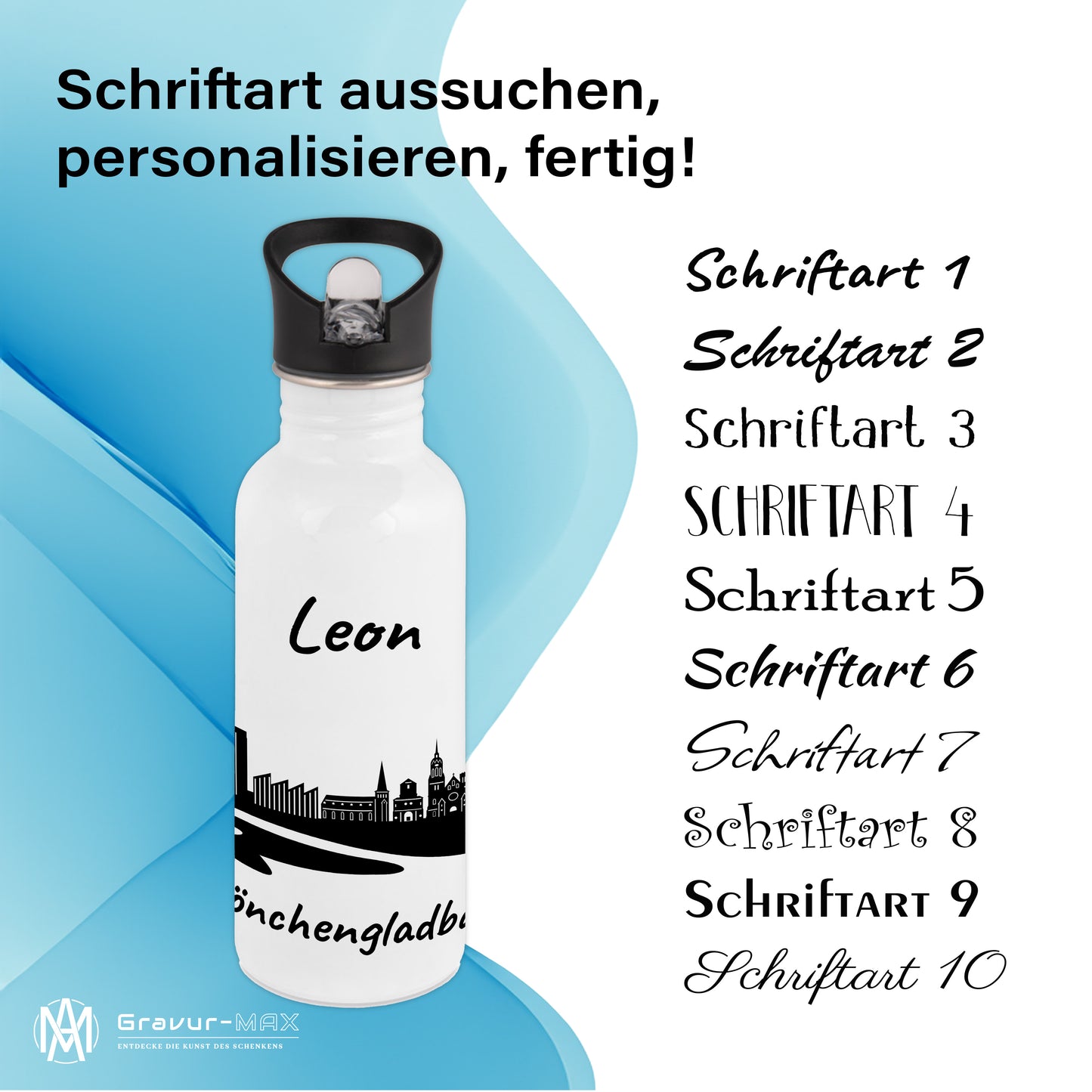 Trinkflasche in Weiß 600ml aus Edelstahl bedruckt mit der Skyline von Mönchengladbach personalisierbar mit Wunschname