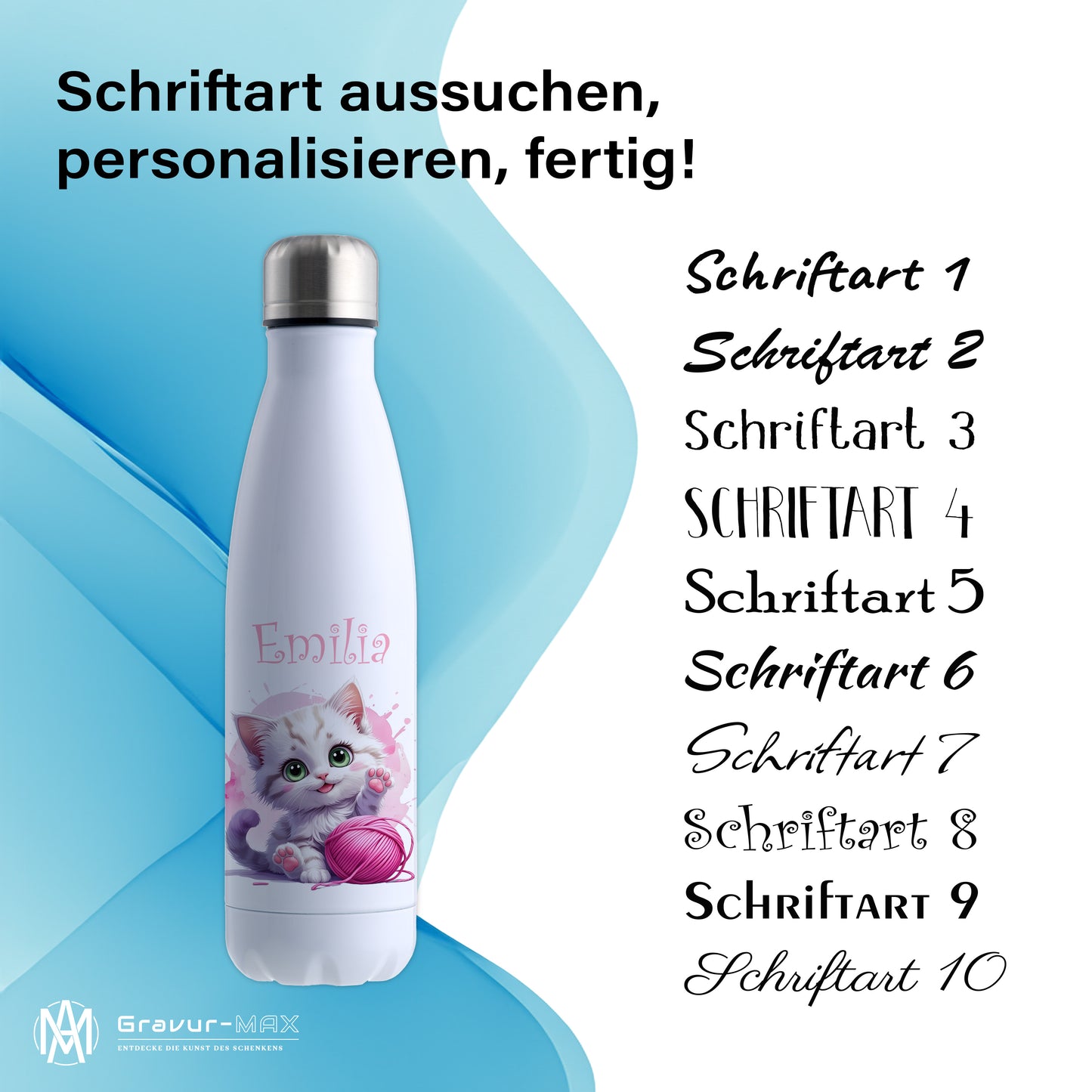 Trinkflasche in Weiß 500ml aus Edelstahl bedruckt mit niedlichen Tieren "Katze" personalisierbar für Kinder mit Wunschname