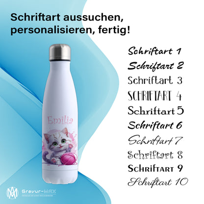 Trinkflasche in Weiß 500ml aus Edelstahl bedruckt mit niedlichen Tieren "Katze" personalisierbar für Kinder mit Wunschname