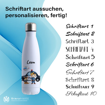 Thermoflasche 500ml in Weiß bedruckt mit tollen Motiven für Kinder "Polizei" personalisierbar mit Wunschname