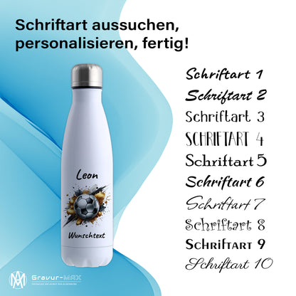 Thermoflasche 500ml in Weiß aus Edelstahl bedruckt "Fußball" Motiv13 personalisierbar mit Wunschname & Text
