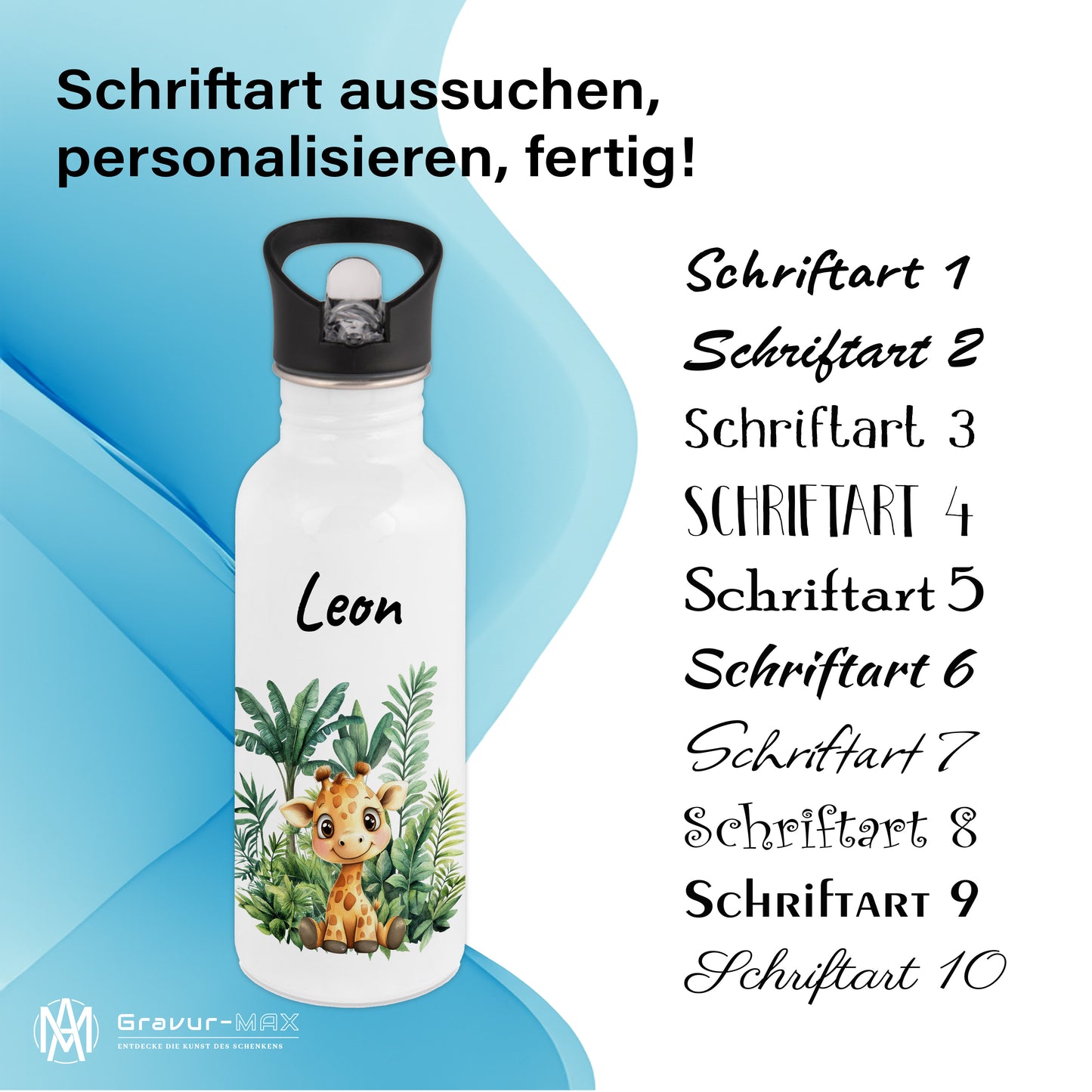 Trinkflasche mit Strohhalm in Weiß 600ml bedruckt mit Dschungel Tieren"Giraffe" personalisierbar für Kinder mit Wunschname aus Edelstahl